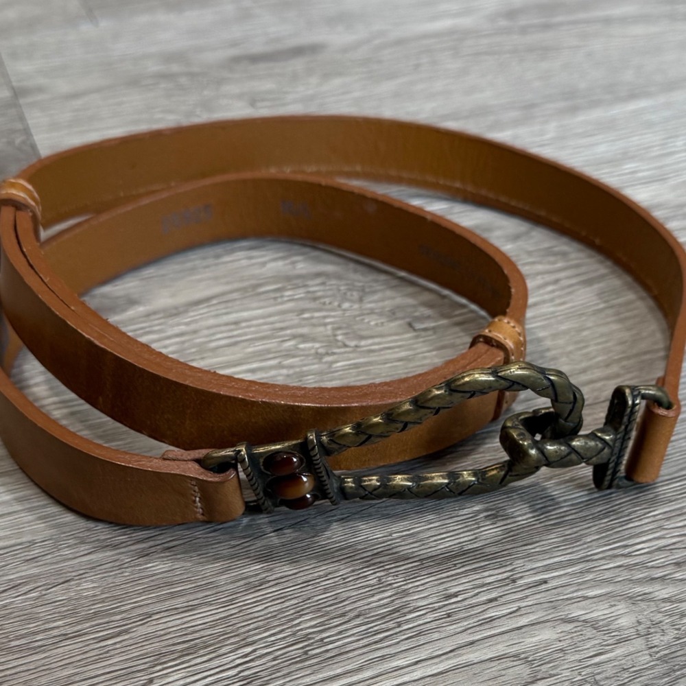 Chicos Womens Tan Leather Skinny Belt Brass Braided Hook Buckle M/L 21025